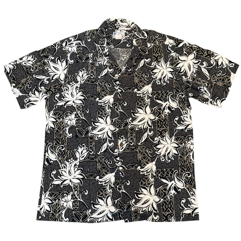 Hawaii Gray And White Floral Print Cotton Aloha Shirt Size XL